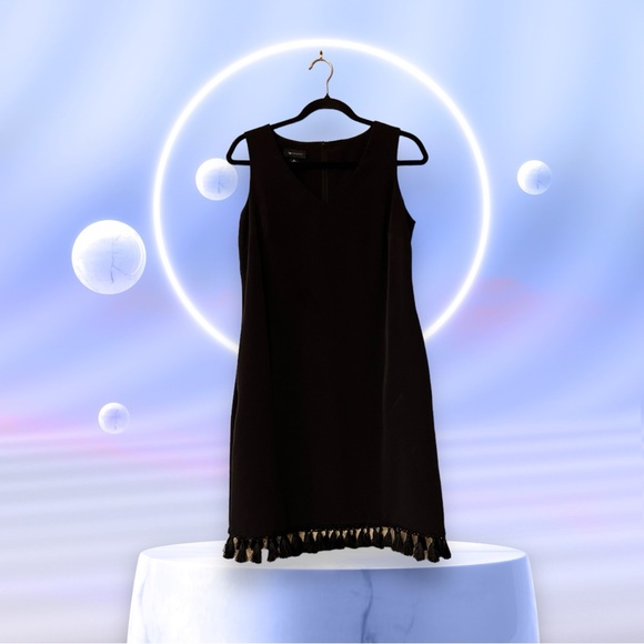 AB Studio Black Sleeveless V-Neck Shift Dress w/Tassels at Hem - Picture 4 of 13